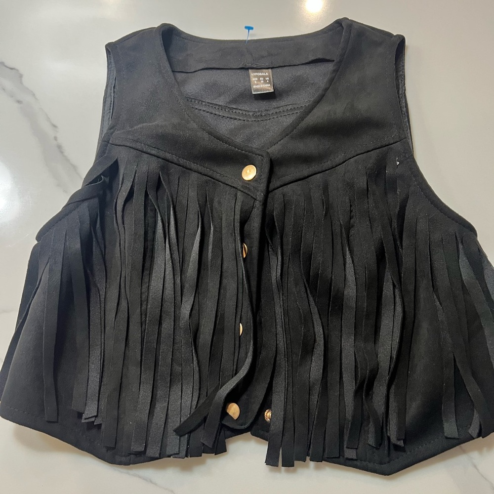Black Fringe Vest with Gold Buttons. NWOT. Size Small
